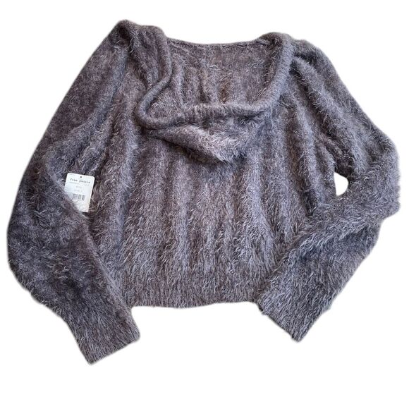 Free People‎ Women’s L Fuzzy Light As a Feather Hoodie Sweater  Grey Cozy New - Picture 5 of 10